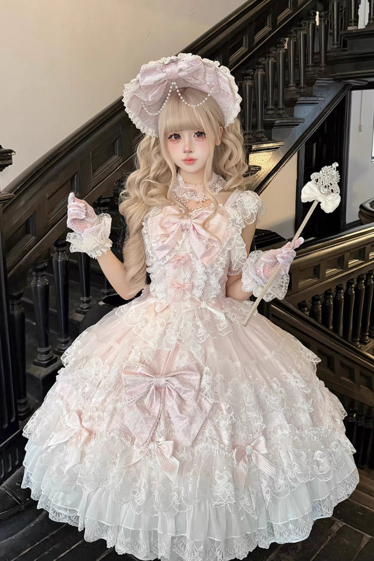 Pink [Sakura Dream Romance] Sleeveless Multi-Layered Ruffled Hanayome Bow Lace Sweet Princess Lolita Jsk Dress - Product - 5