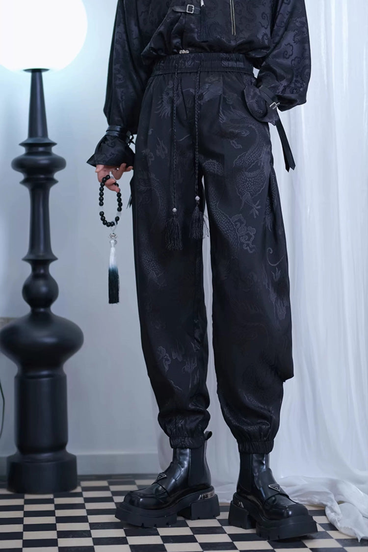 Black Dragon-Pattern Jacquard Printed Ouji Gothic Chinese Style Handsome Lolita Tassel Pants - Product - 2