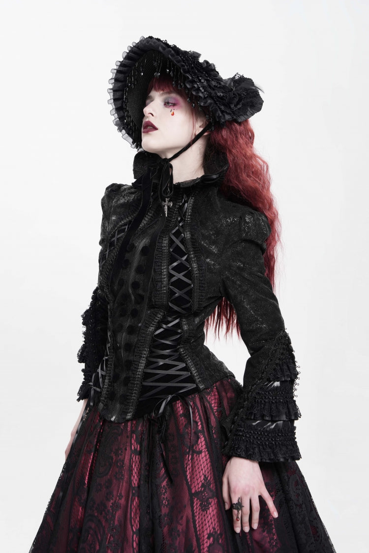 Black Lapel Collar Long Trumpet Sleeves Ruffle Lace-Up Zipper Women's Gothic Jacket - Product - 3