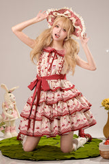 Red Triple-Layered [Cherries Are Ripe] Print Ruffle Sweet Lolita Skirt Set - Red - 1