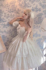 White Short Sleeves Multi-layer Print Hanayome Bowknot Sweet Princess Lolita Strapless Dress - Product - 5