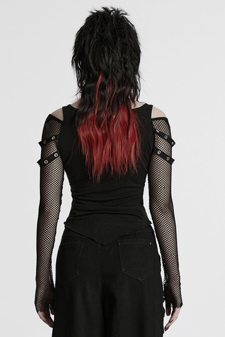 Black Long Sleeves Cutout Skull Print Stitching Mesh Women's Punk Blouse - Product - 3
