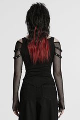 Black Long Sleeves Cutout Skull Print Stitching Mesh Women's Punk Blouse - Product - 3