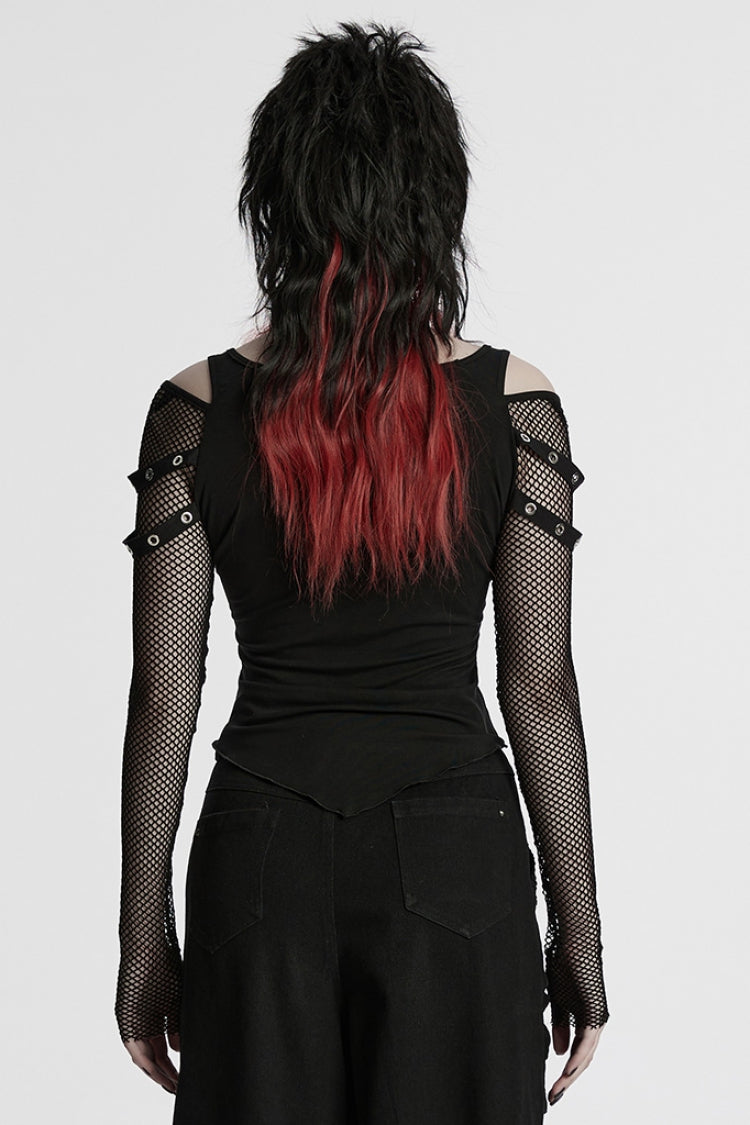Black Long Sleeves Cutout Skull Print Stitching Mesh Women's Punk Blouse - Product - 3