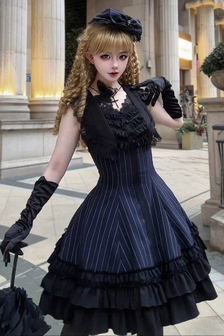 [Escape] Double-Layered Jacquard Striped Printed Ruffled Slim Gothic Lolita Jumper Dress 3 Colors - Product - 6