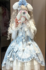 Blue [Cloud Dreamland] Cut-Out Embroidered Bow Lace Asymmetric Sweet Elegant Lolita Jsk Dress Set - Blue (Set) - 1