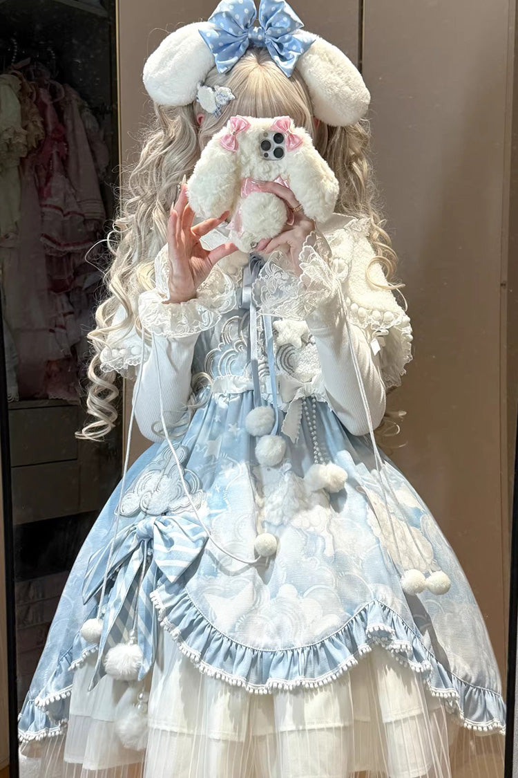 Blue [Cloud Dreamland] Cut-Out Embroidered Bow Lace Asymmetric Sweet Elegant Lolita Jsk Dress Set - Blue (Set) - 1