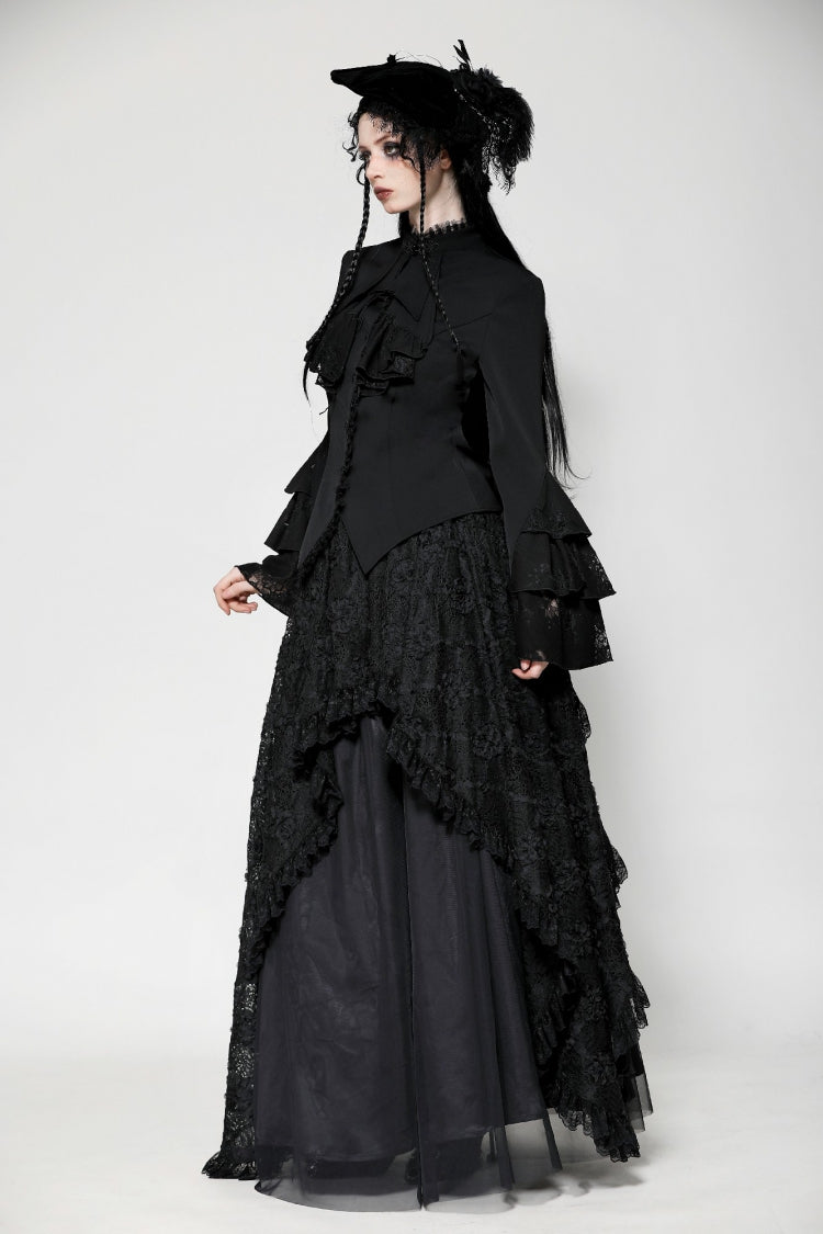 Black Lace Stand Collar Multi-Layered Ruffled Long Flared Sleeves Women's Gothic Blouse - Product - 2
