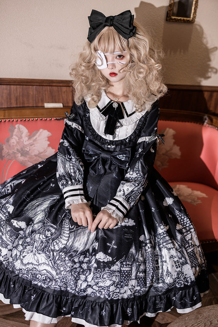 Black [Castle Night] Print Long Sleeves Ruffle Bowknot Gothic Lolita Dress - Product - 8