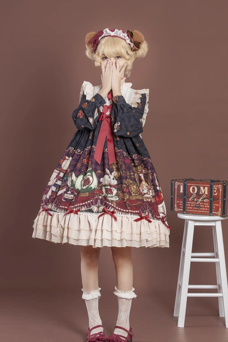 [Rabbit and Bear Feast]  Long Sleeves Multi-Layered Print Ruffle Bowknot Sweet Lolita Dress 2 Colors - Product - 7