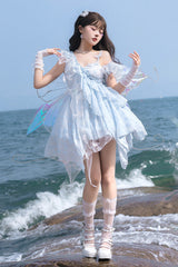 Blue [Summer of Bubbles] Sleeveless Ruffle Embroidery Lace Irregular Short Sweet Lolita Jsk Dress - Blue - 1