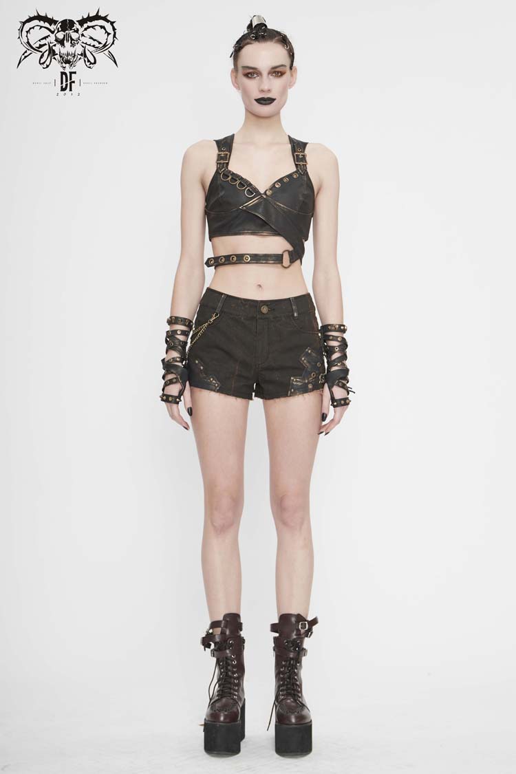 Brown Vintage Hand Wiped Leather Shoulder Loop Backless Lace Up Short Women's Punk Waistcoat - Product - 3