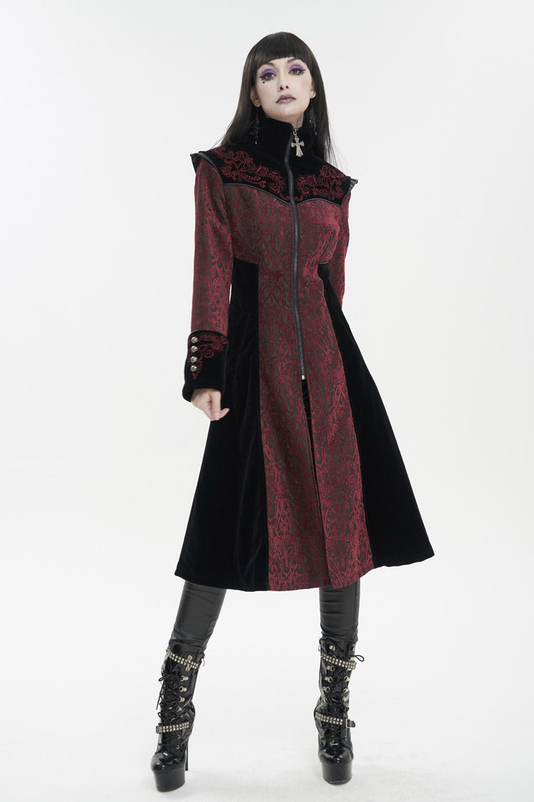 Red Jacquard Studded Mushroom Buckle Metal Cross Embroidered Women's Gothic Coat - Product - 3