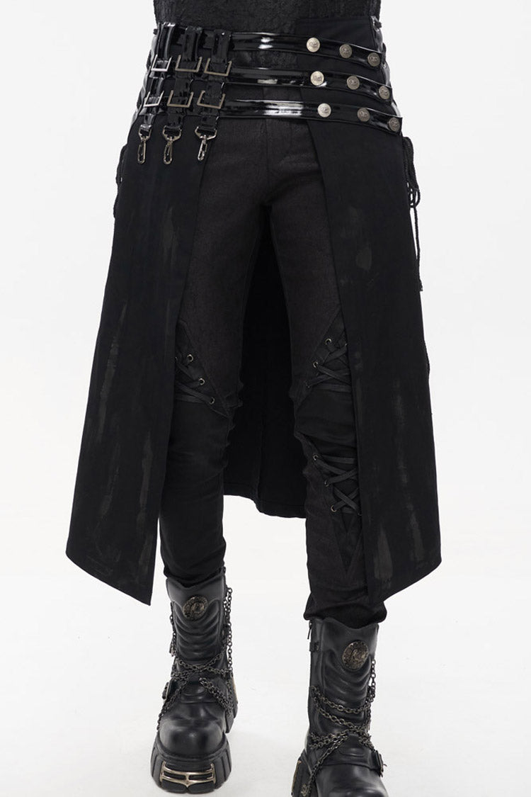 Black Punk Patent Leather Paneled Belt Irregular Print Metal Men's Skirt - Product - 1