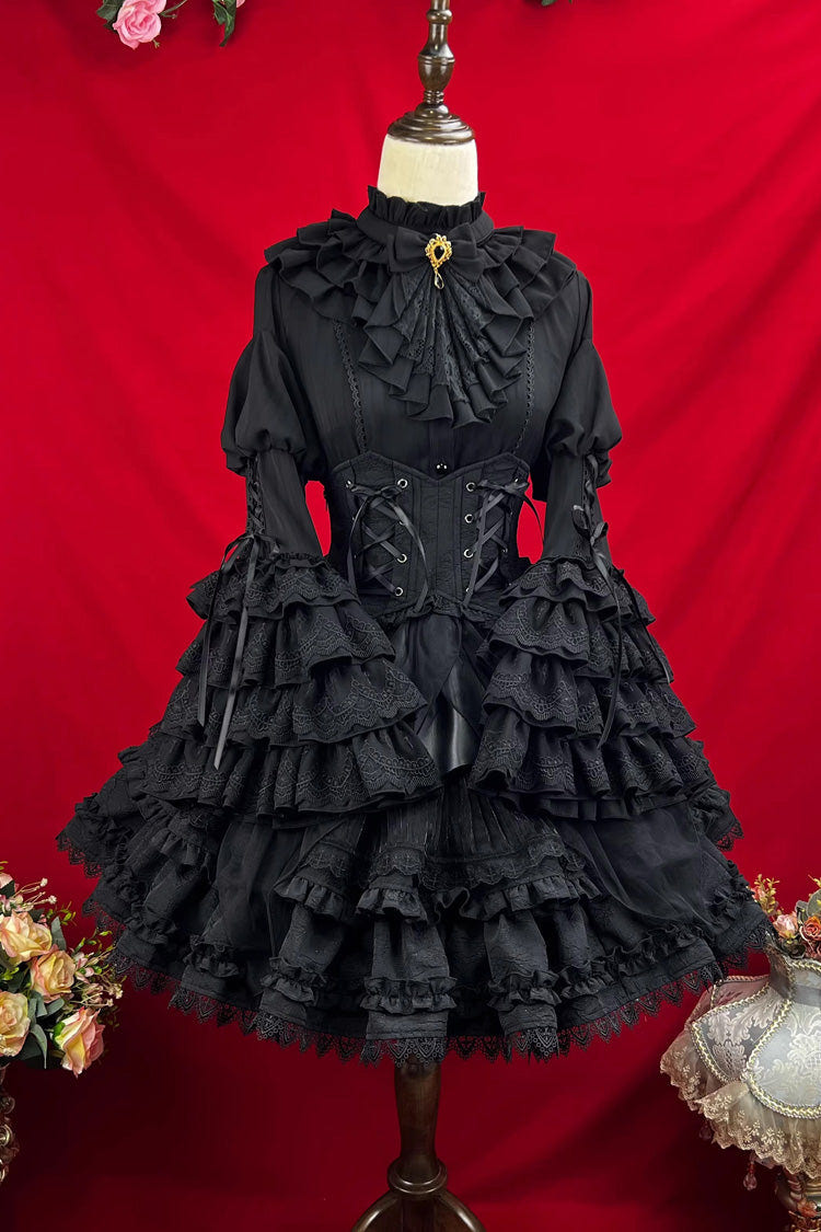 Black [The Angel of Good and Evil] Multi-Layered Ruffled Lace Gothic Elegant Lolita Skirt (Corset Belt Included) - Product - 2