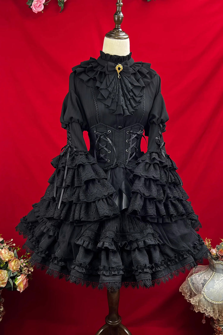 Black [The Angel of Good and Evil] Multi-Layered Ruffled Lace Gothic Elegant Lolita Skirt (Corset Belt Included) - Product - 2