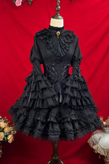 Black [The Angel of Good and Evil] Multi-Layered Ruffled Lace Gothic Elegant Lolita Skirt (Corset Belt Included) - Product - 2
