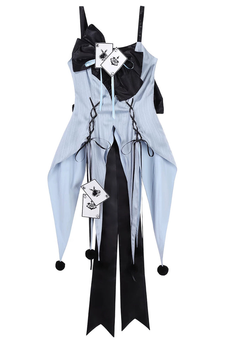 Blue [The Clock Rabbit's Card Game] Sleeveless Jacquard Ruffled Embroidered Bow Lace-Up Gothic Lolita Jsk Dress - Dress(Only) - 14