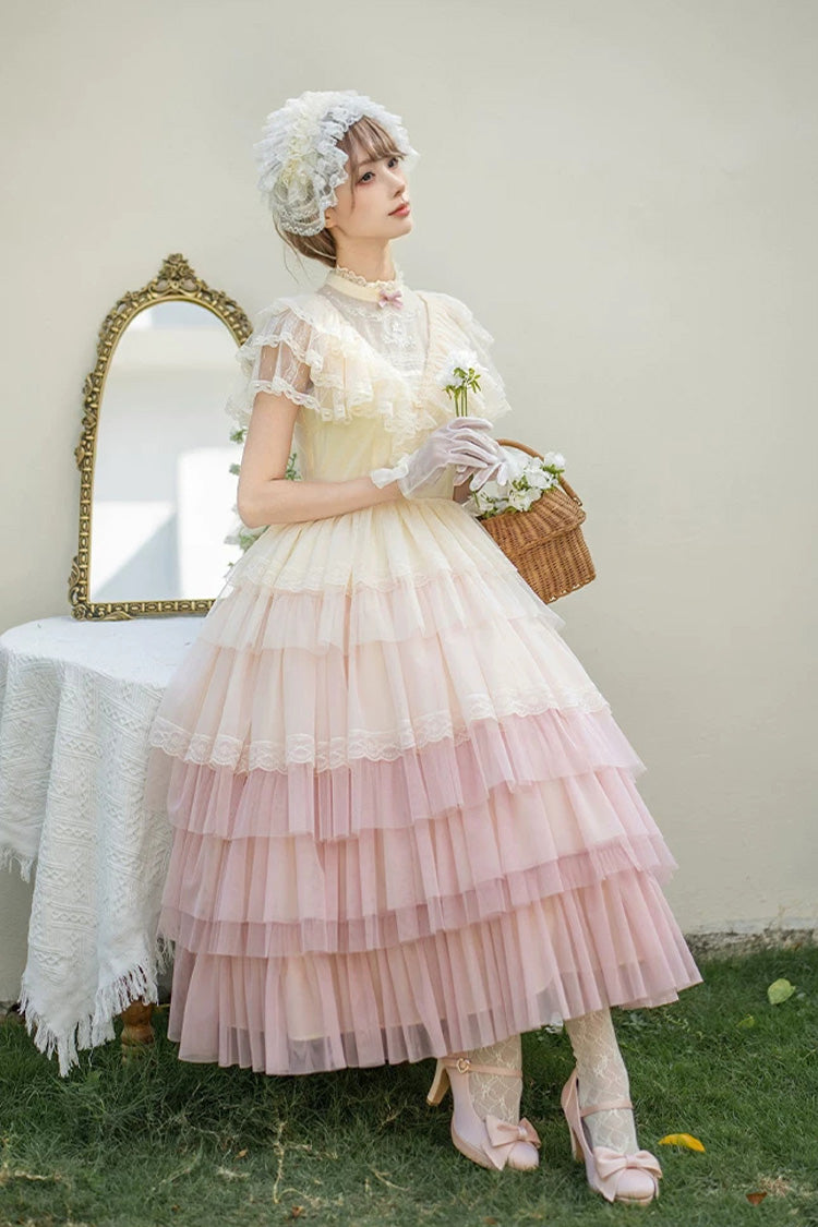 Pink [Sincere Vow] Edwardian Collar Short Sleeves Ombre Multi-Layered Ruffled Embroidered Sweet Lolita Dress - Product - 16