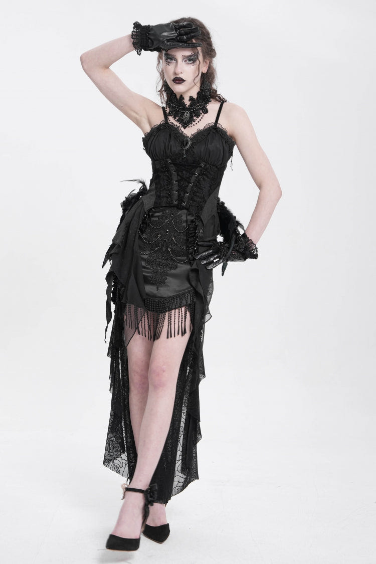 Black Embroidery Stitching Lace Mesh Women's Gothic Skirt With Train - Product - 8