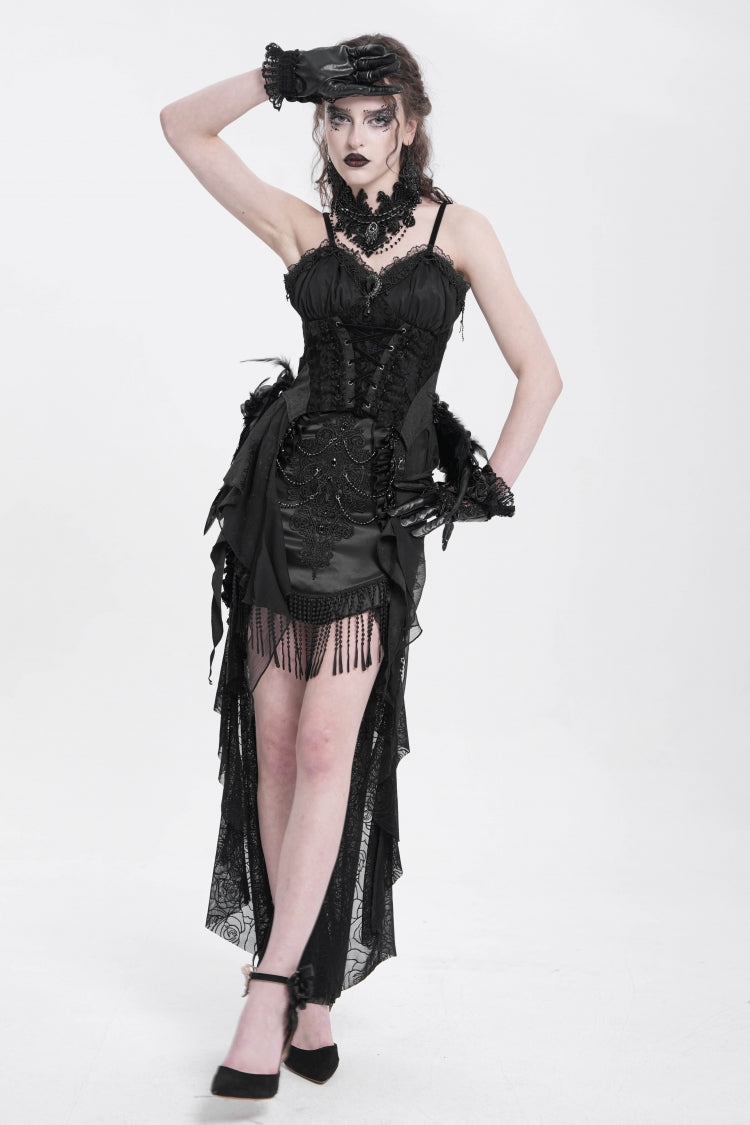 Black Embroidery Stitching Lace Mesh Women's Gothic Skirt With Train - Product - 8