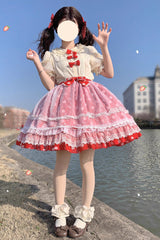 [Wave Candy] Triple-Layered Print Ruffle Bowknot Sweet Lolita Skirt 3 Colors - Product - 9
