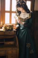 Green [Autumn Chronicles] Round Collar Long Sleeves Printed Embroidered Spliced Slim Sweet Lolita Dress - Product - 6