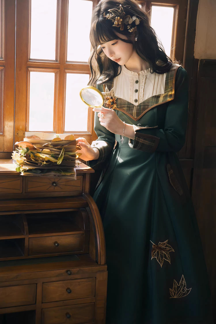 Green [Autumn Chronicles] Round Collar Long Sleeves Printed Embroidered Spliced Slim Sweet Lolita Dress - Product - 6