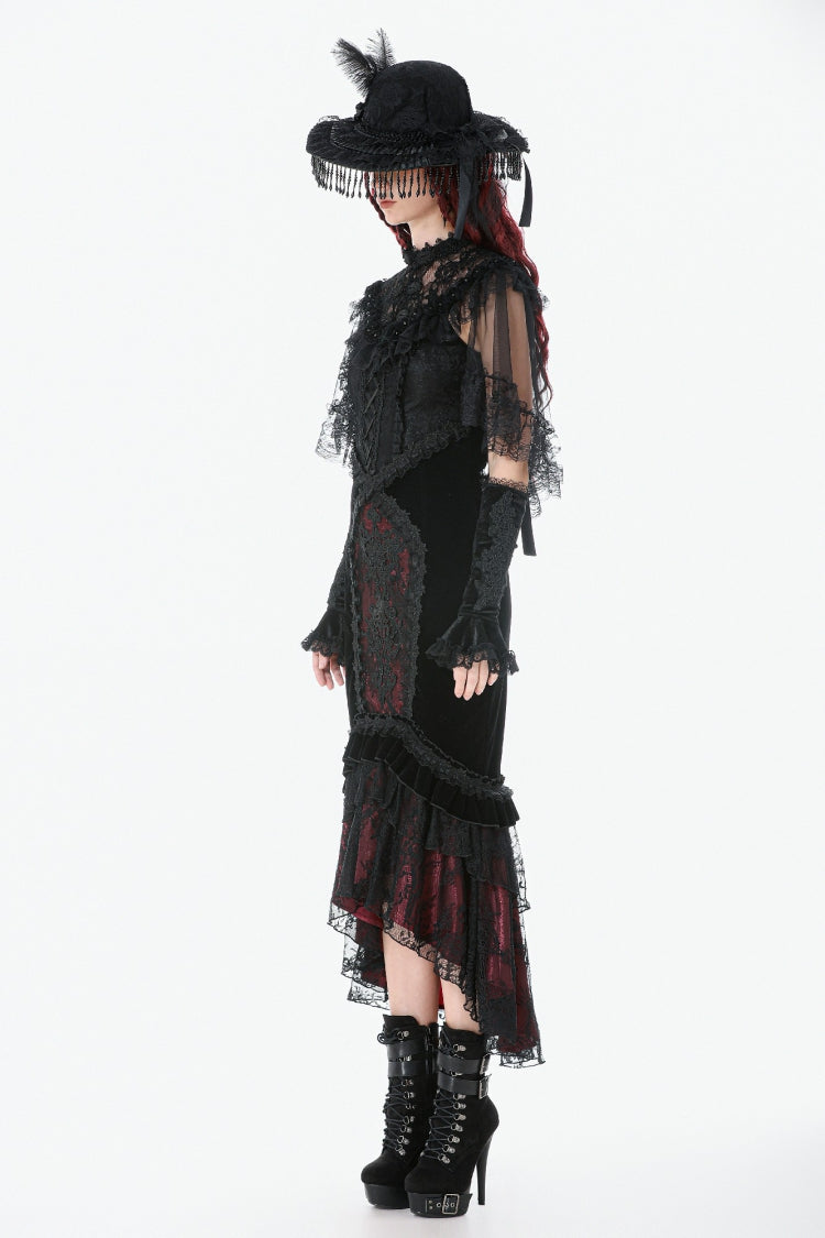 Black Sleeveless Ruffled Lace Spliced Mesh Women's Gothic Cape - Product - 10