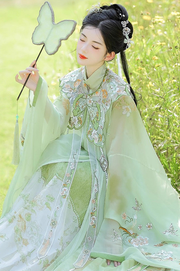 Green [Emerald Fantasy] Ming Dynasty Round Collar Long Sleeves Print Embroidery Sweet Hanfu Dress Set - Product - 5
