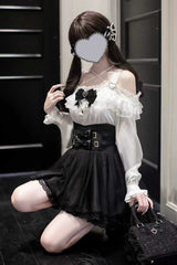 Black Solid Color Bowknot Sweet Jirai Kei Japanese Skirt - Product - 5