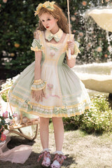 Green Short Sleeves Tulip Print Ruffle Bowknot Sweet Lolita Dress - Product - 2