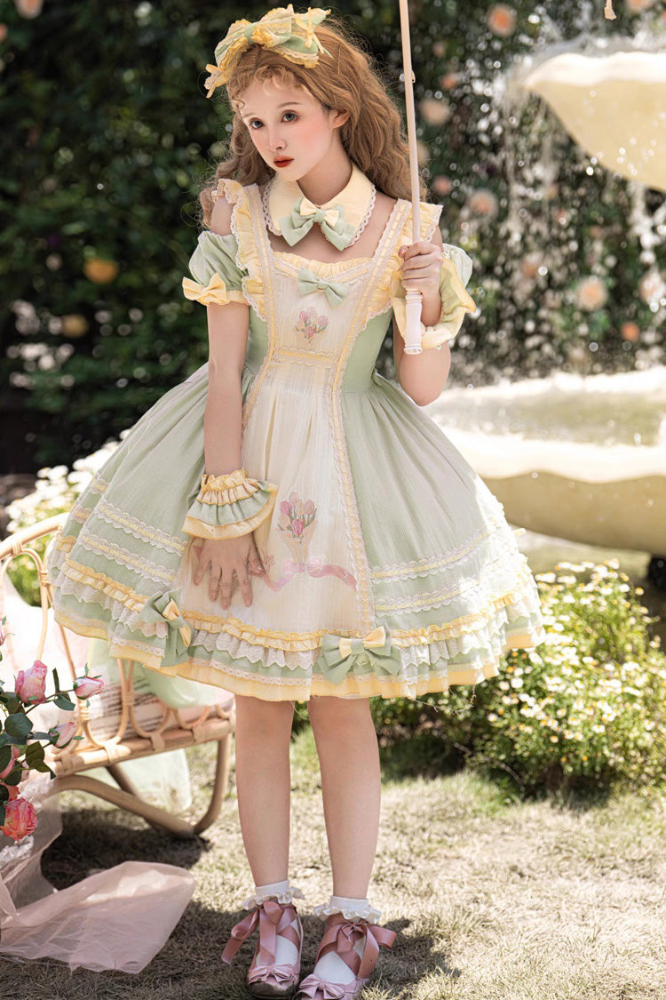 Green Short Sleeves Tulip Print Ruffle Bowknot Sweet Lolita Dress - Product - 2