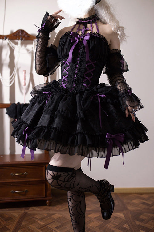 Black Purple Tube Top Sleeveless Blowknot Ruffled Gothic Lolita Tiered Dress - Product - 5