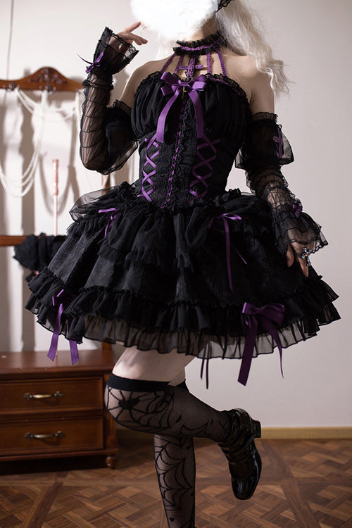 Black Purple Tube Top Sleeveless Blowknot Ruffled Gothic Lolita Tiered Dress - Product - 5