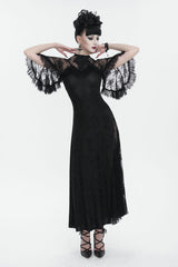 Black Stretch Printed Knit Panel Lace High Slit Asymmetric Women's Gothic Dress - Product - 2