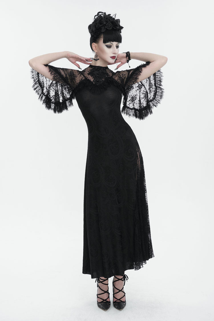Black Stretch Printed Knit Panel Lace High Slit Asymmetric Women's Gothic Dress - Product - 2