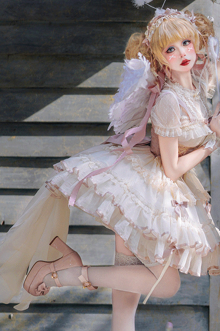 Pink/Ivory Dance of Time Triple-Layered Ballet Style Bowknot Lace-Up Sweet Lolita Jsk Dress - Product - 2