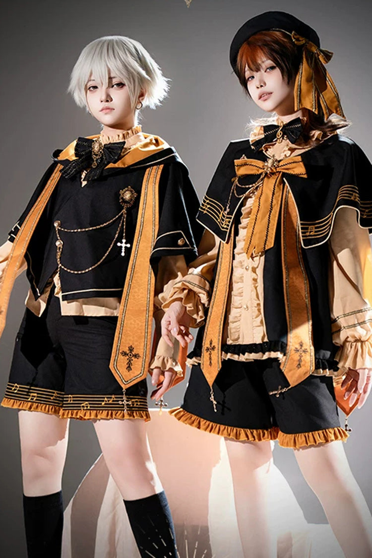 Black/Orange [The Choir Of The Church] Stand Collar Long Sleeves Bow Chain-Decorated Ouji Gothic Prince Lolita Pumpkin Shorts Set - Product - 5