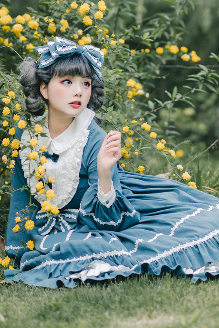 Blue Long Sleeves Bowknot Ruffled Multi-Layer Classic Lolita Op Dress - Product - 2