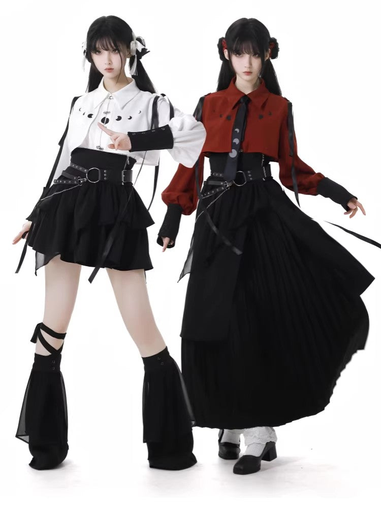 White/Black [Moonlight Flowing] Long/Short Sleeves Ruffled Asymmetric Gothic Jirai Kei Skirt Set - Product - 4