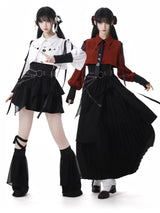 White/Black [Moonlight Flowing] Long/Short Sleeves Ruffled Asymmetric Gothic Jirai Kei Skirt Set - Product - 4