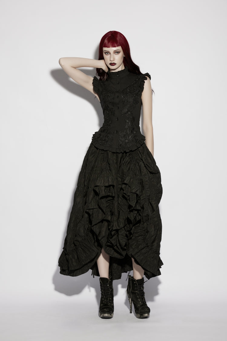 Black Stand Collar Sleeveless Ruffled Embroidered Lace-Up Slim Fit Women's Gothic Elegant Royal Blouse - Product - 9