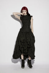 Black Stand Collar Sleeveless Ruffled Embroidered Lace-Up Slim Fit Women's Gothic Elegant Royal Blouse - Product - 9