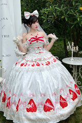 White [True Love Strawberry] Print Off Shoulder Sleeveless Ruffle Bowknot Lace Sweet Princess Lolita Dress Set - Product - 7