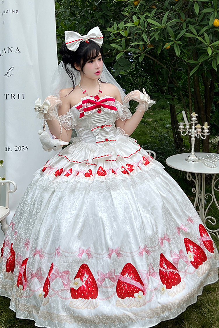 White [True Love Strawberry] Print Off Shoulder Sleeveless Ruffle Bowknot Lace Sweet Princess Lolita Dress Set - Product - 7