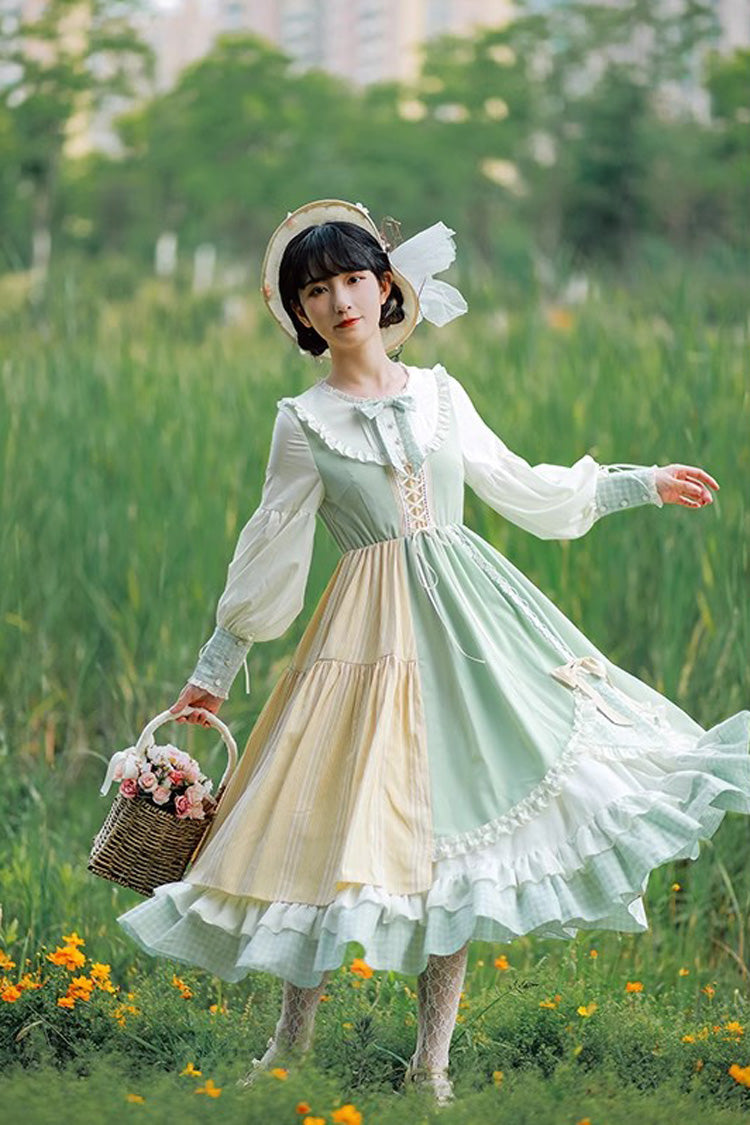 Multi-Color Plaid Print Stitching Ruffle Long Sleeves Sweet Lolita Dress - Product - 5
