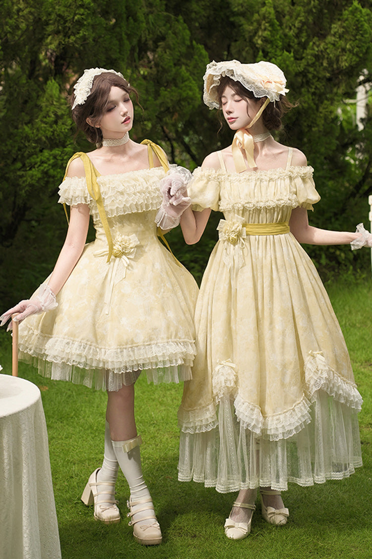 Yellow [Falling Flowers as a Message] Square Collar Flying Sleeves Print Ruffle Lace Sweet Elegant Lolita Short Dress - Product - 15