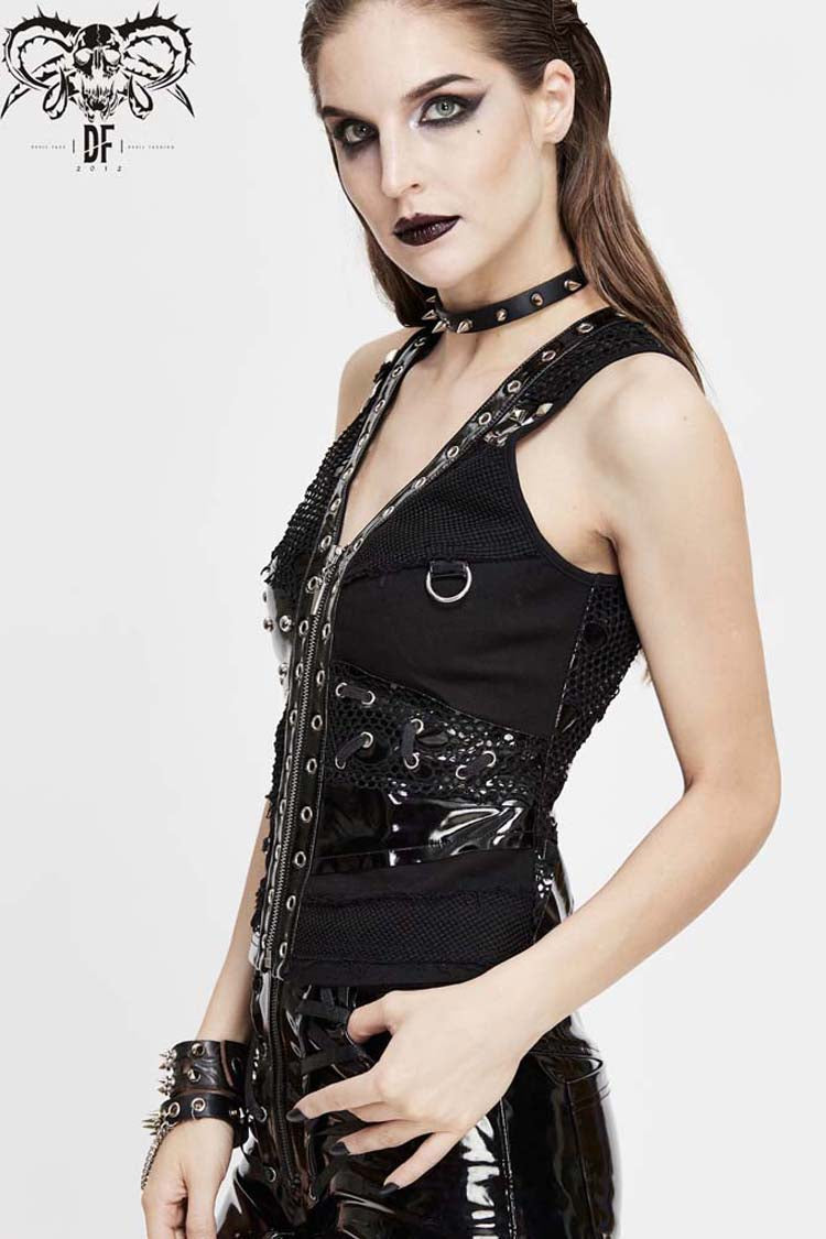 Black V Neck Splice Mesh Asymmetrical Design Heavy Metal Women's Punk Waistcoat - Product - 3
