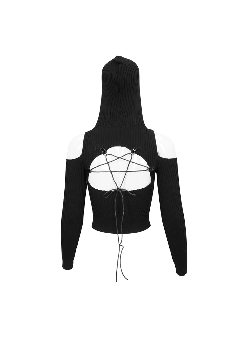 Black Hooded Off-The-Shoulder Back Cutout Rope String Upside Down Pentagram Wool Knit Long Sleeve Women's Punk Sweater - Product - 9